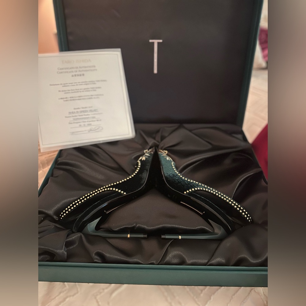 Taro Ishida Rhea Green Velvet Heels with Gold Accents